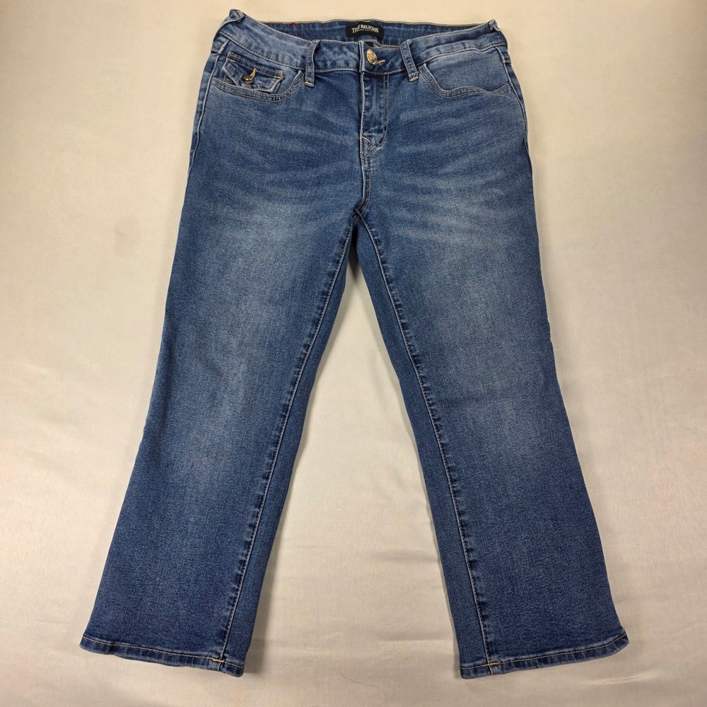 True Religion Womens Straight Leg Jeans Blue Medium Wash Size 26 Distressed